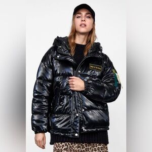 Zara puffer jacket coat black vinyl effect Space Place shiny puffy embroidery M